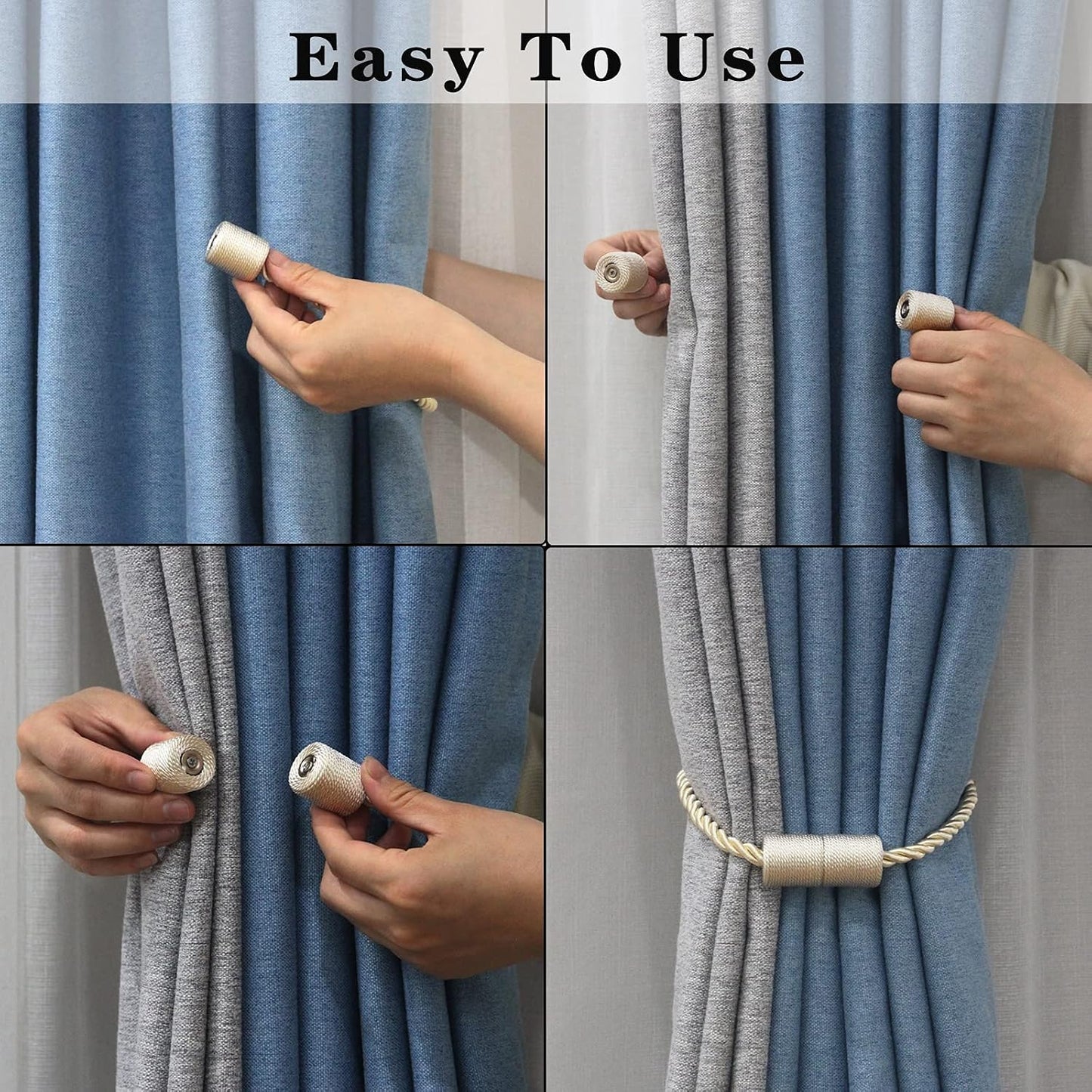 6 Pack Beige Strong Magnetic Curtain Tiebacks Outdoor Elegant Decorative Tie Backs Modern Rope Tiebacks for Drapes