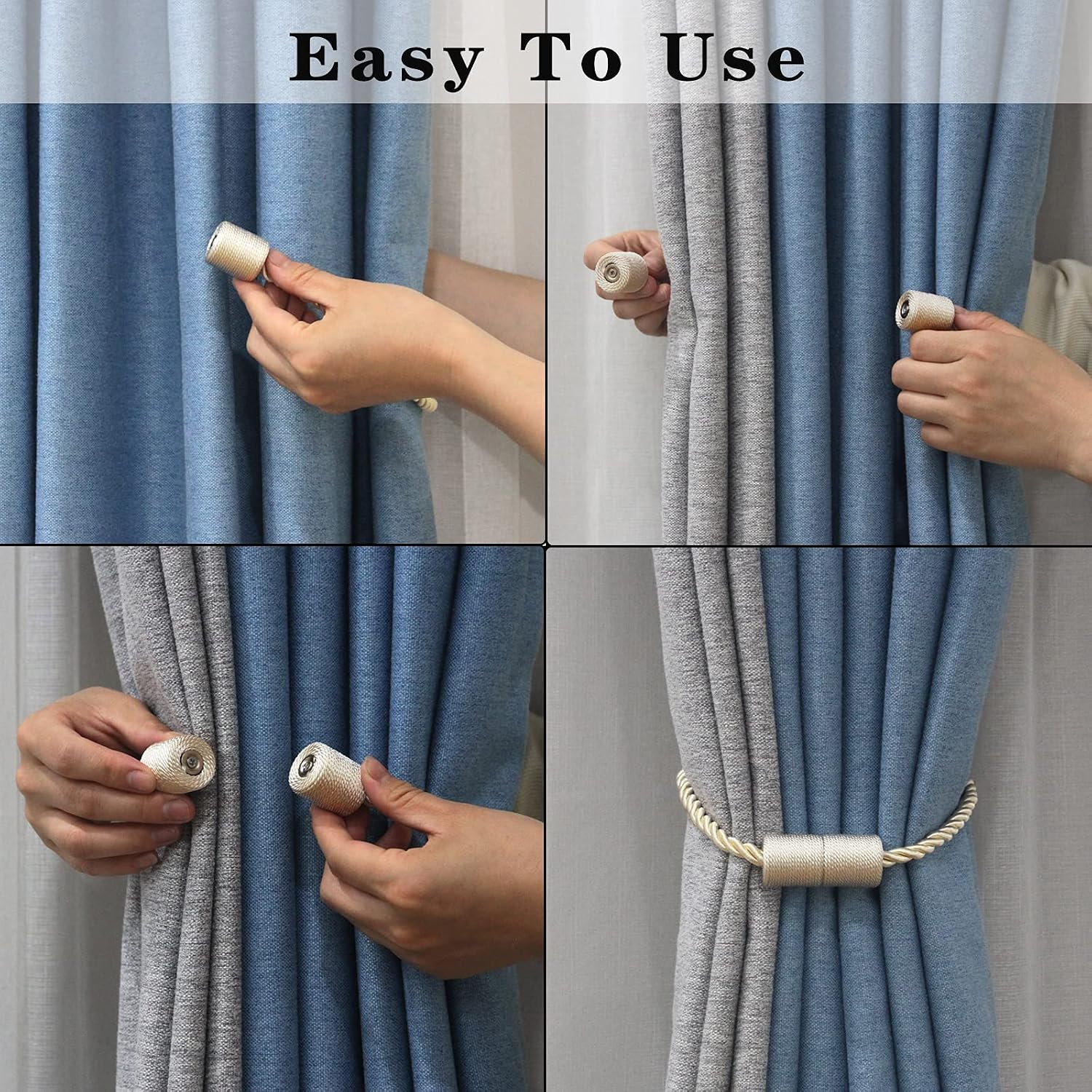 6 Pack Beige Strong Magnetic Curtain Tiebacks Outdoor Elegant Decorative Tie Backs Modern Rope Tiebacks for Drapes