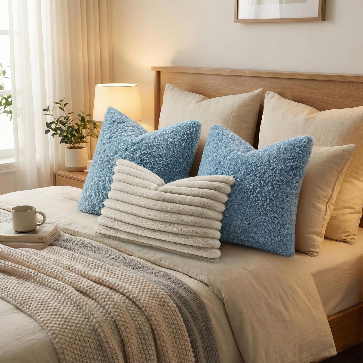 Faux Fur Decorative Sherpa Pillow Covers Fuzzy Accent Soft / Light Blue / 20 x 20 / Set of 2