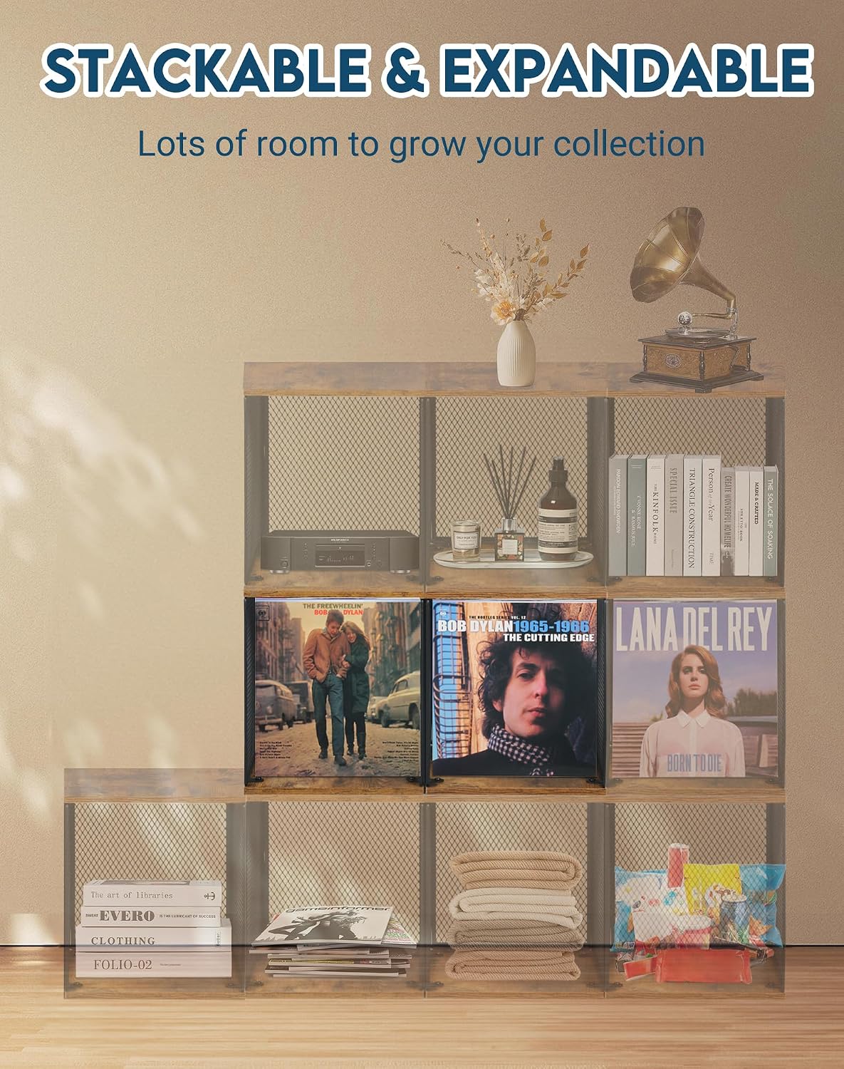 LOFTEY 2 Pack Stackable Vinyl Record Storage, Cube Record Crate Box for LPs | Holds 100-120 Records Total, 110 lb Load