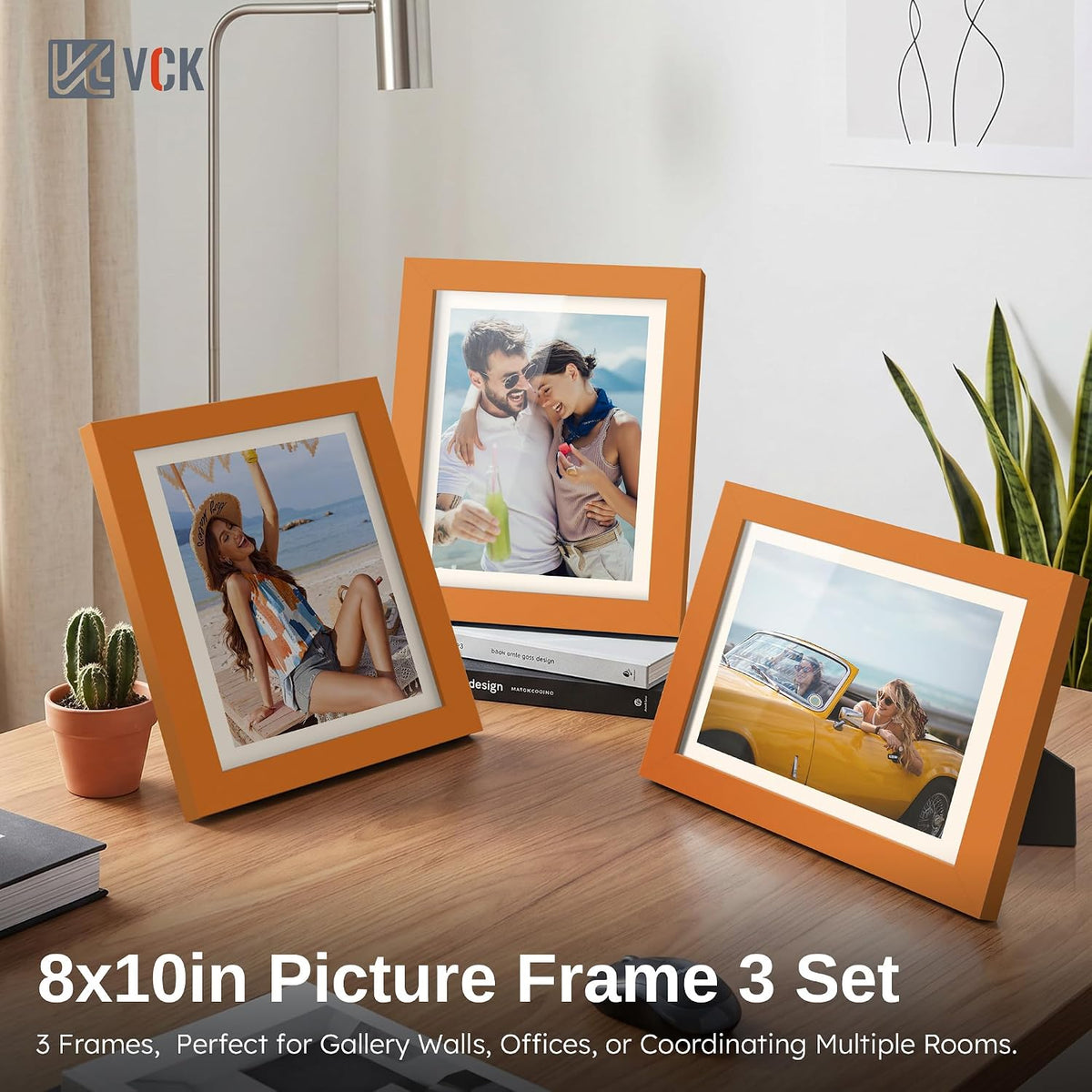 VCK 8x10 Picture Frame Set of 3 - Orange, Wide Border Solid Wood Frame, Display Pictures in Horizontal and Vertical