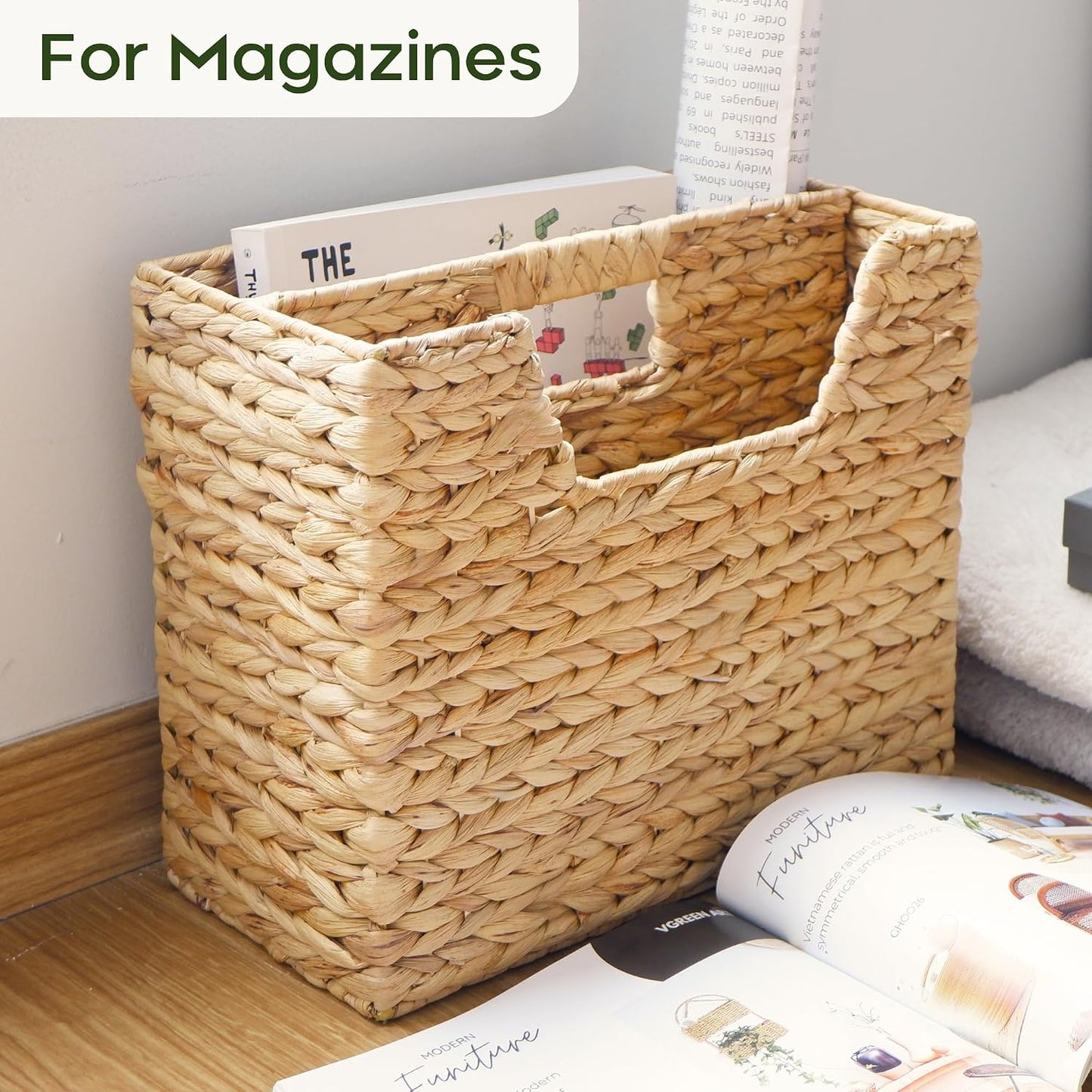 Wicker Magazine Basket Water Hyacinth Handwoven Magazine Holder | Decorative Handwoven Magazine Rack Floor, Organizer