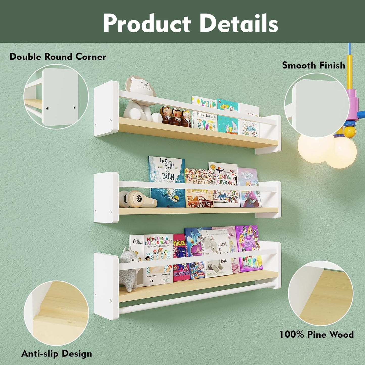 Pine Wood Nursery Shelves / White & Wooden / 16 In