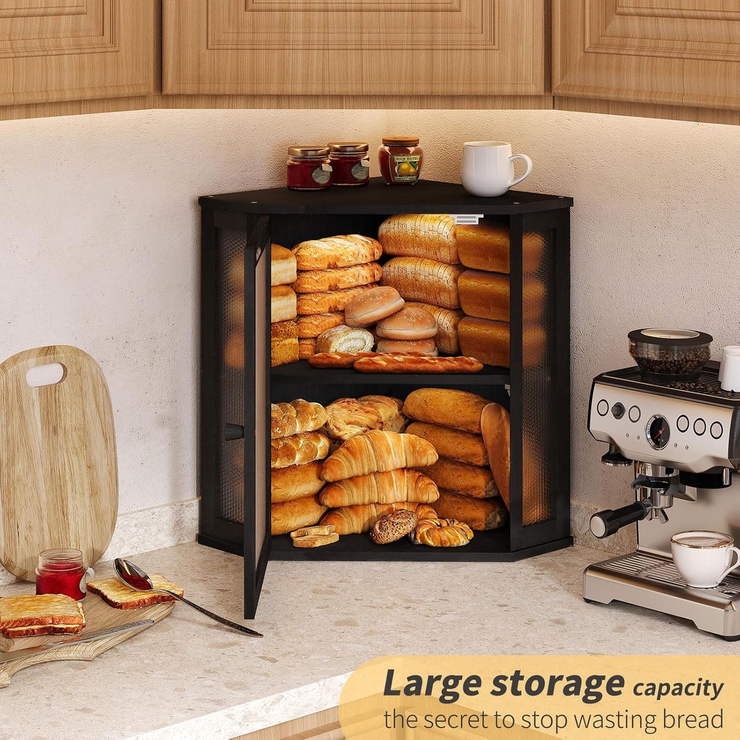 Corner Bread Box for Kitchen Countertop,Bread Storage for Homemade Bread, Double Layer Large Bamboo Kitchen Storage Bin