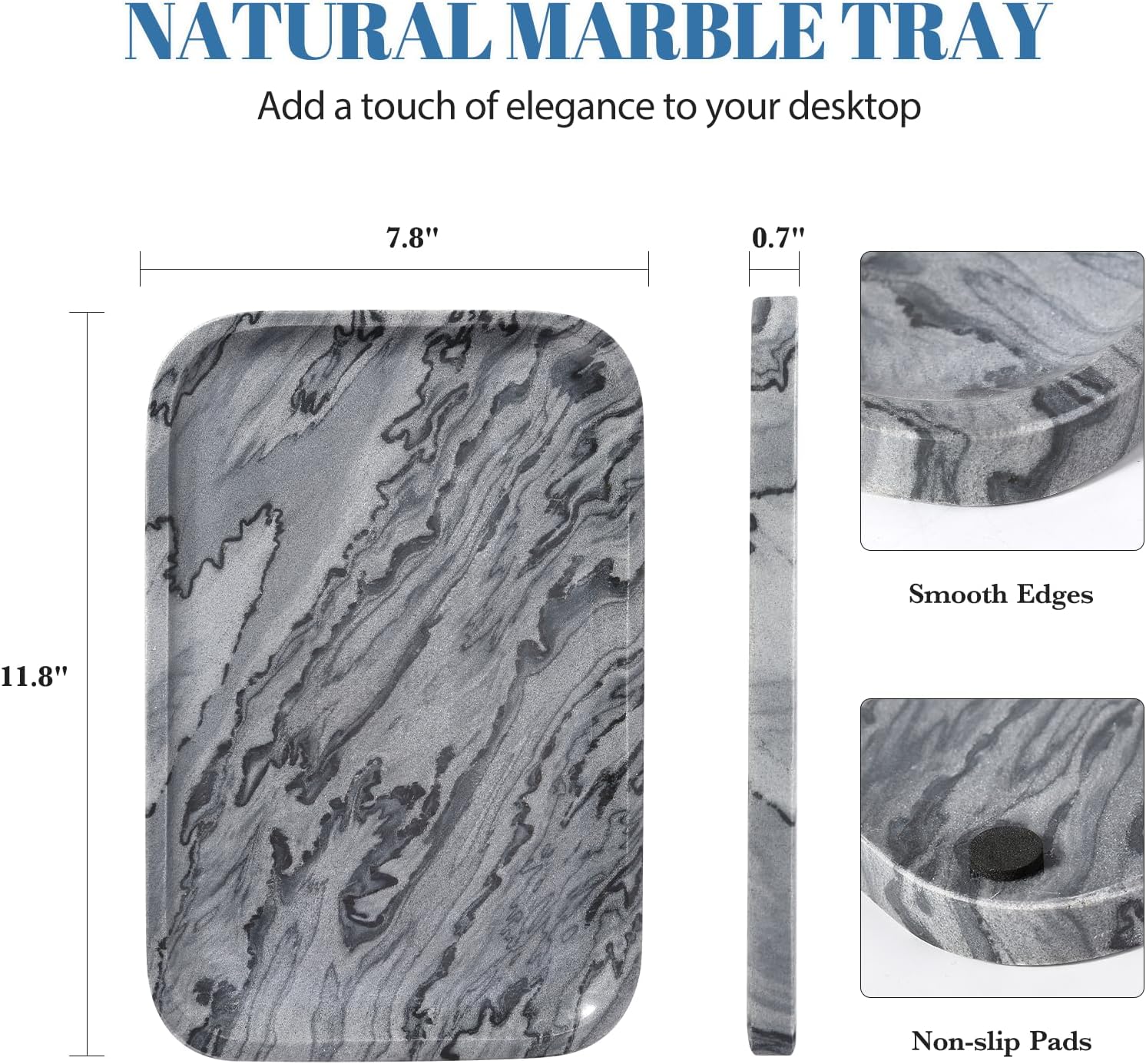 Marble Tray / Natural Marble Vanity Tray for Countertop Bathroom Kitchen Dresser / Gray / 12 x 8