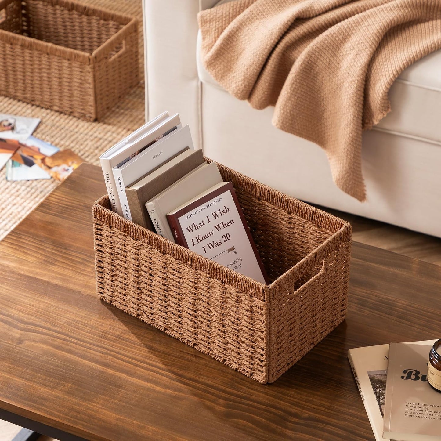Wicker Basket / 13.4Lx8. W Woven Paper Rope Storage Baskets / Caramel / Medium / 3 x 7.1 / Set of 2