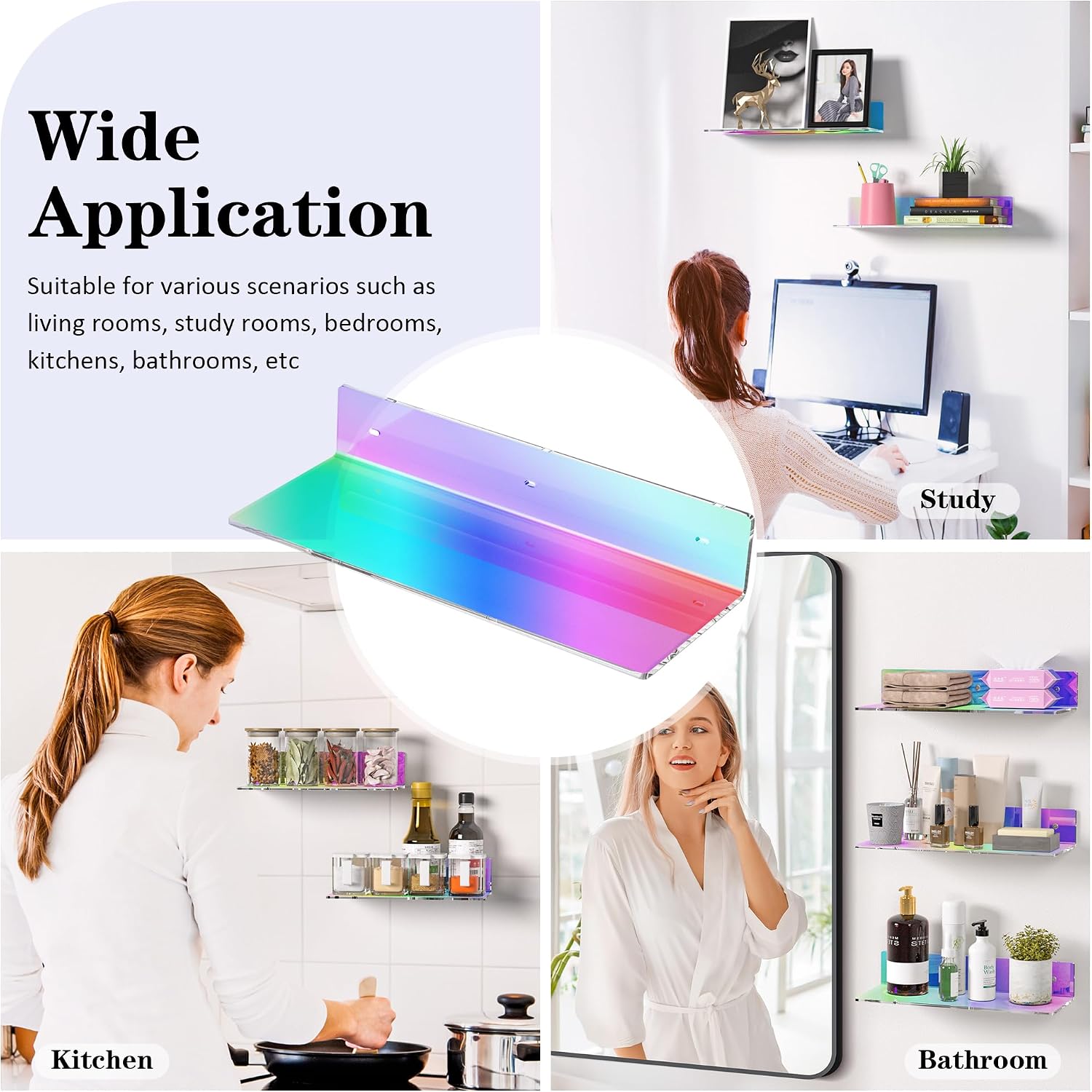 Sezanrpt 2 Pack Iridescent Acrylic Floating Shelves 15 Inches, Wall Hanging Bathroom Shelves, Wall Storage Shelf for