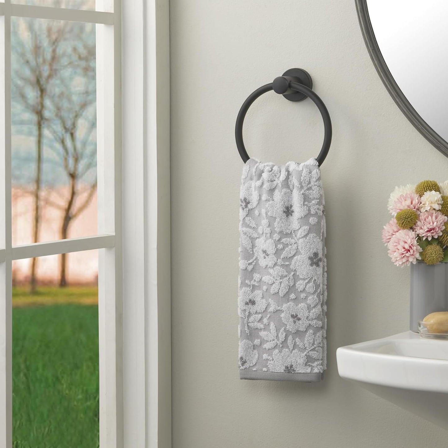SKL Home Floral Hand Towel Set-2pc, 100% Cotton Jacquard, Gray | Soft, absorbent & reversible. Great for use in the