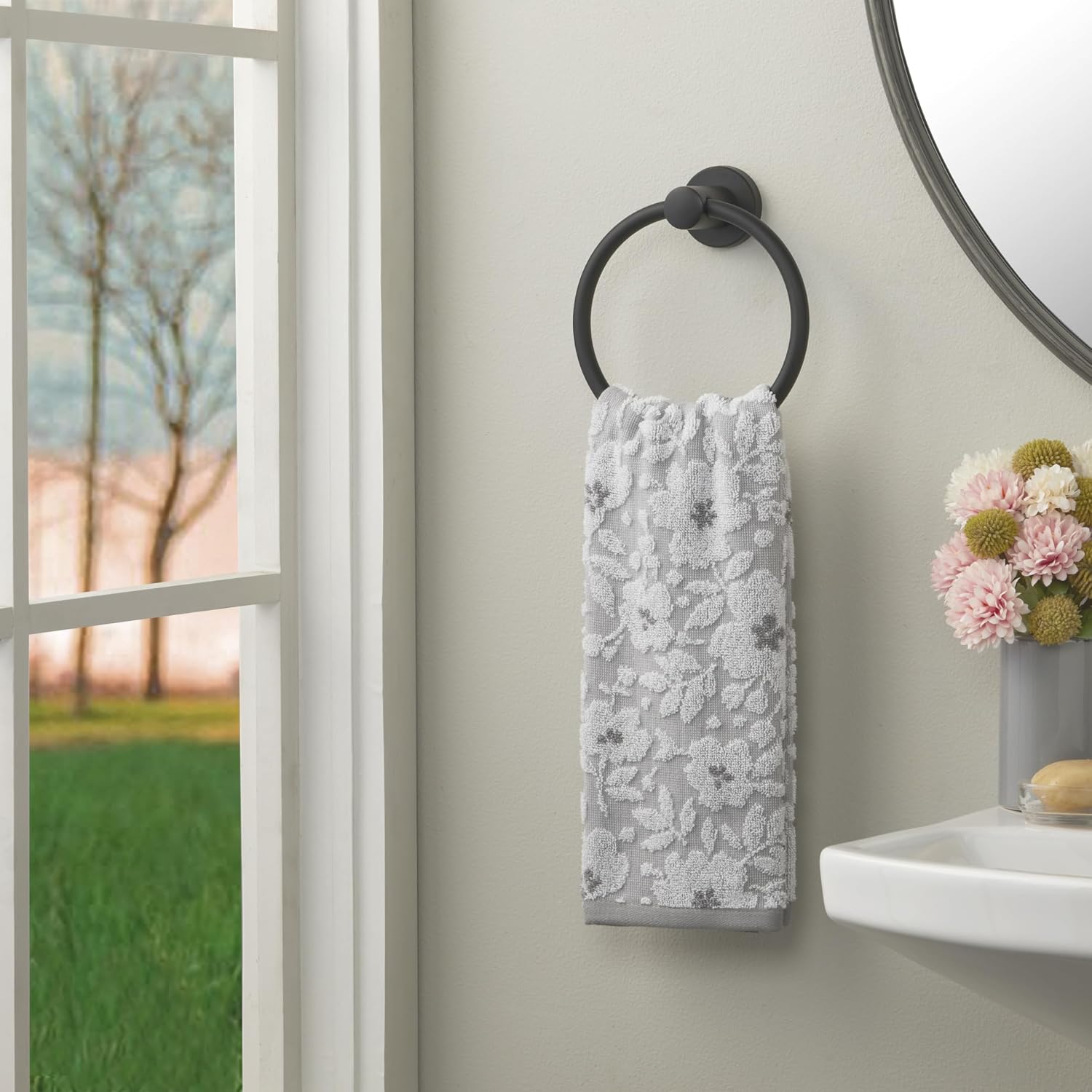 SKL Home Floral Hand Towel Set-2pc, 100% Cotton Jacquard, Gray | Soft, absorbent & reversible. Great for use in the