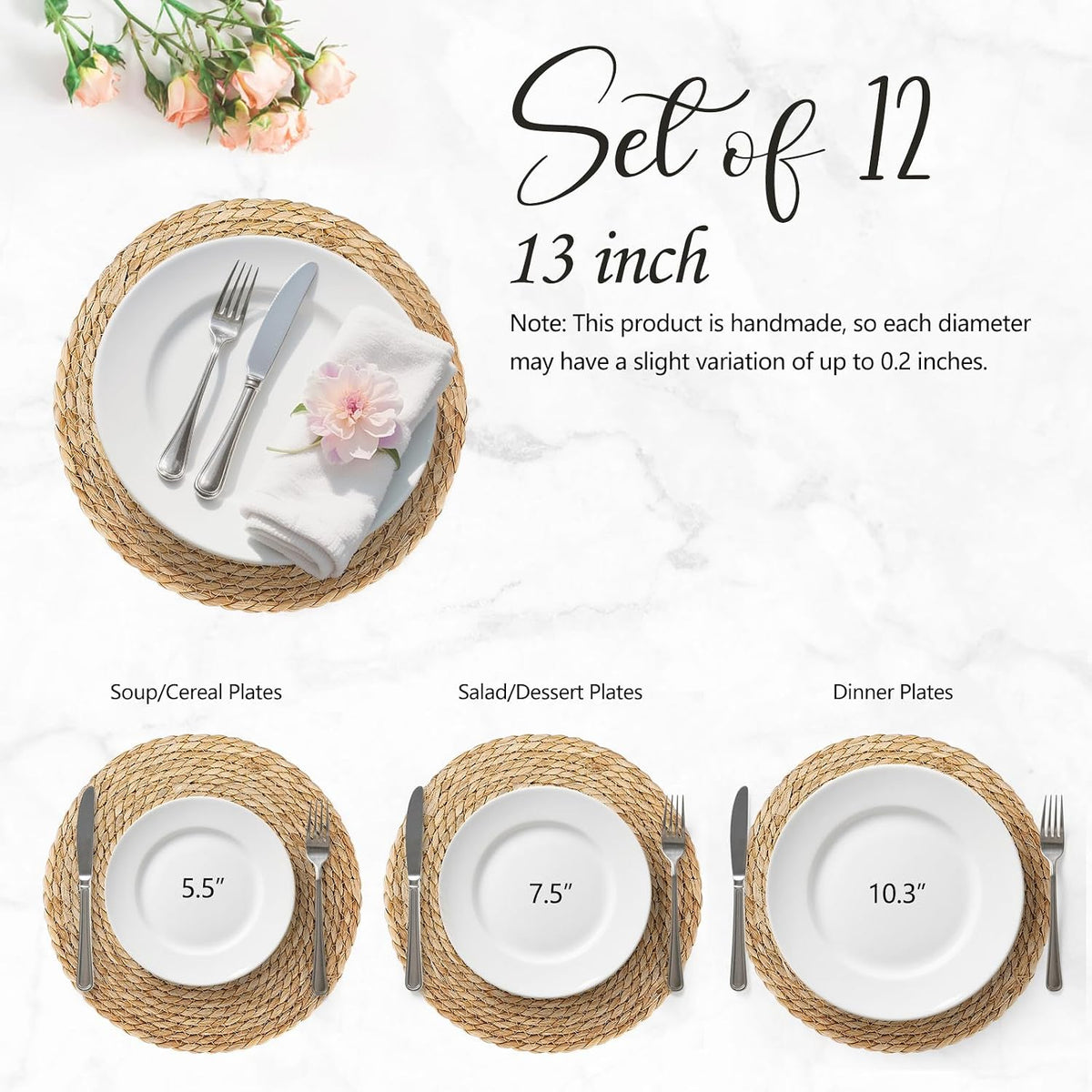 13 Inch Placemats Set of 12, Boho Round Rattan Place Mats for Dining Table Decor, Rustic Woven Chargers for Dinner
