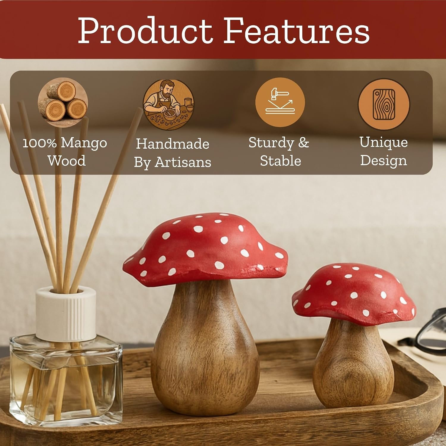 Wooden Mushrooms Decorative Figurines / Red / Set of 2