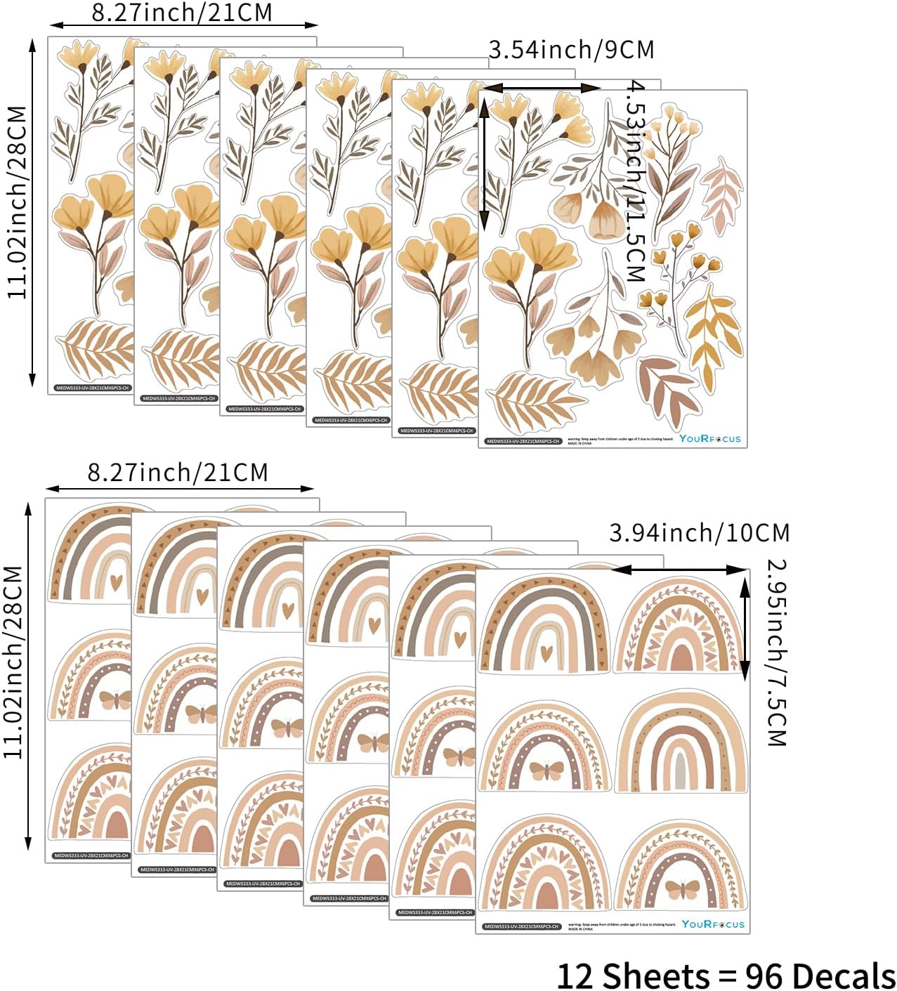 Wall Decals for Nursery & Kids Room / Boho Rainbow Floral / 12 Sheets / Set of 96