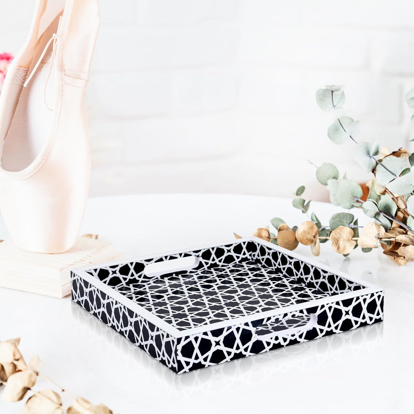 Ottoman Tray / White Zellij Pattern Decorative Tray / 12 x 12 x 2 / Zellij Petit / Black