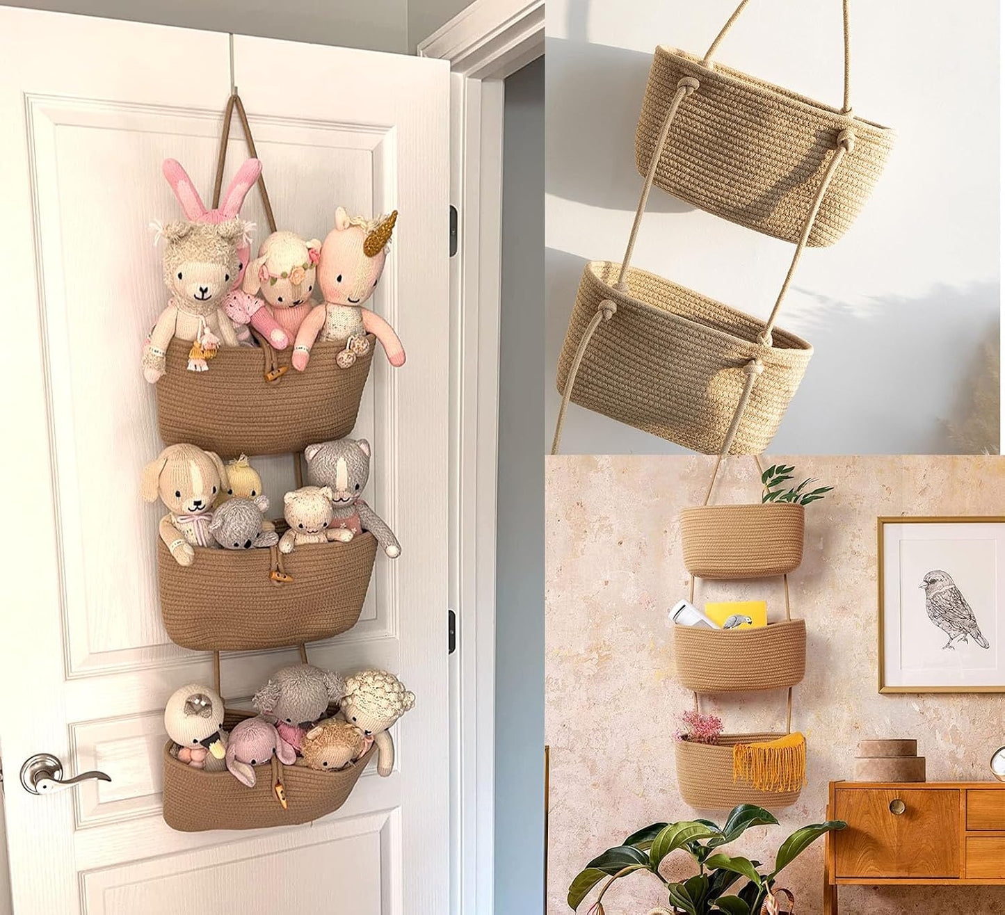 Woven Cotton Hanging Baskets for Organizing Decor 3-Tier Over the Door Wall-Mounted Storage / Brown