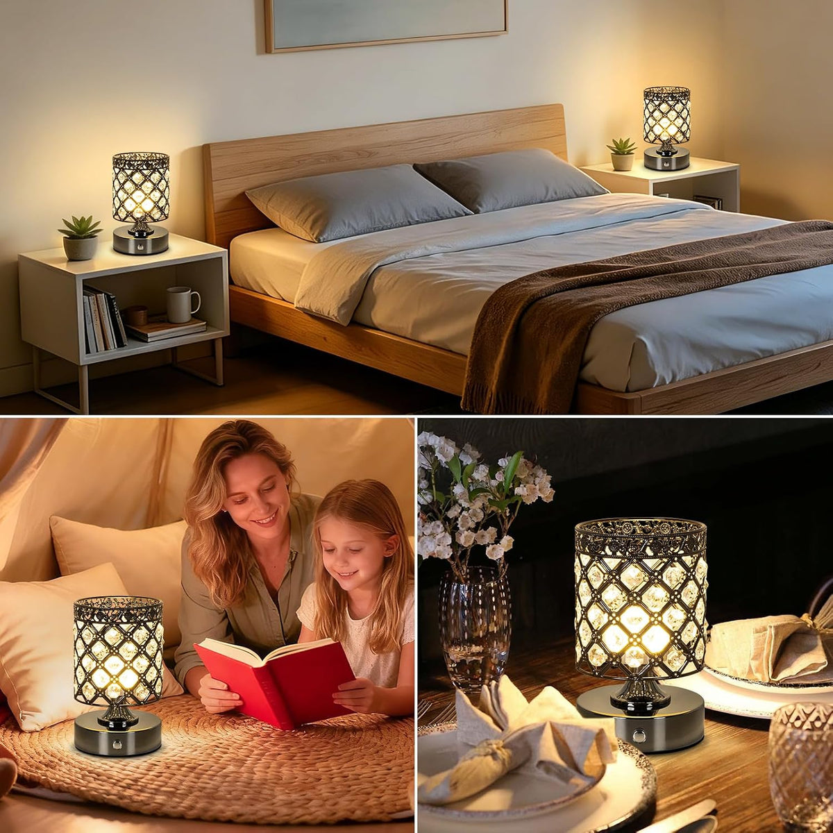 Black Small Crystal Rechargeable Cordless Table Lamps Set of 2 | 6000mAh Battery, 3 Color Temps, Stepless Dimming