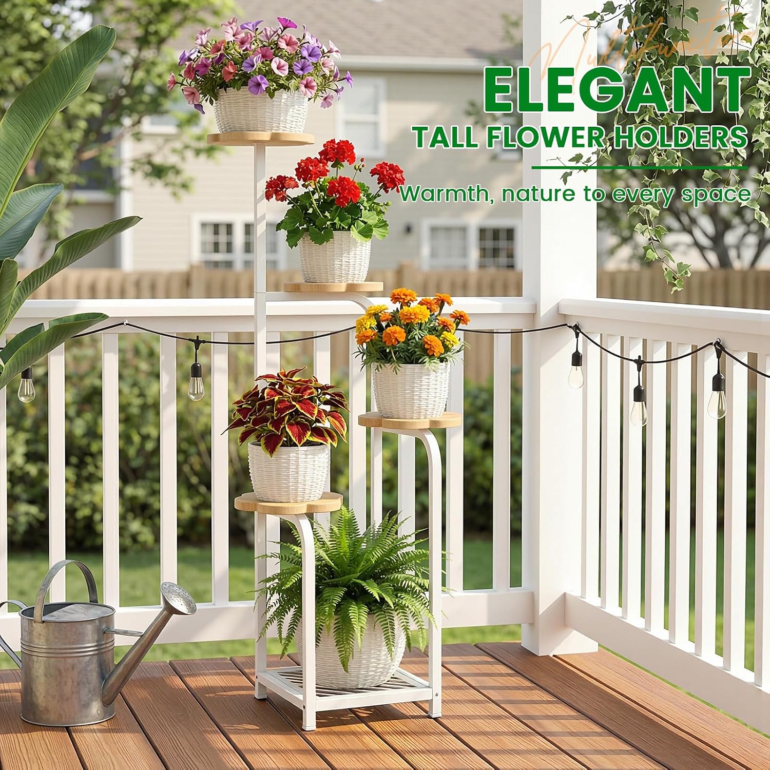 TOSKING Tall 5-Tier Corner Plant Stand Indoor, Anti-Tip, Oak & White,47in | Plywood trays,wide base and heavy-duty