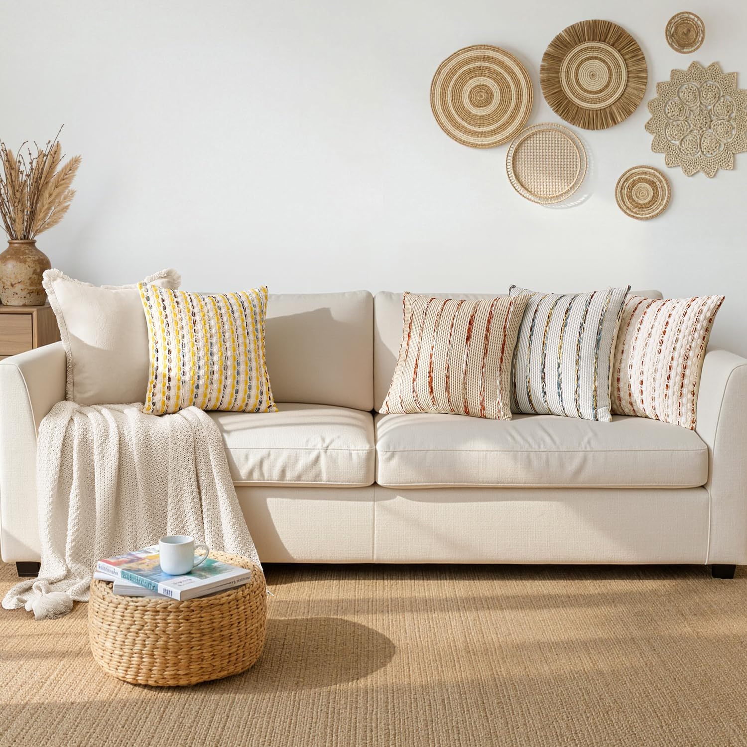 Boho Woven Chenille Pillow Covers Soft Textured Decorative / Blue Stripe / 18 x 18 / Set of 2