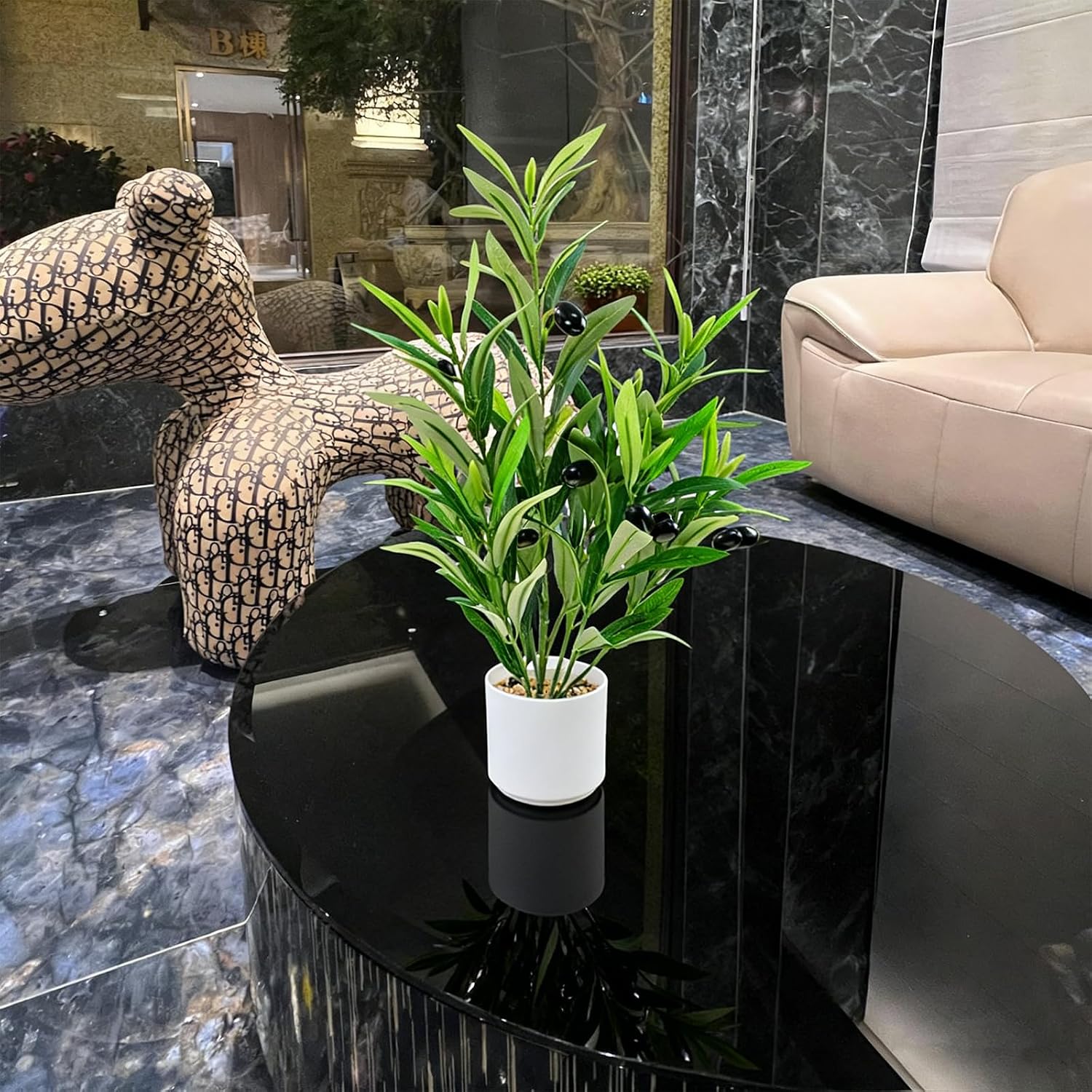 Artificial Olive Branches in Pot / Potted Olive / White