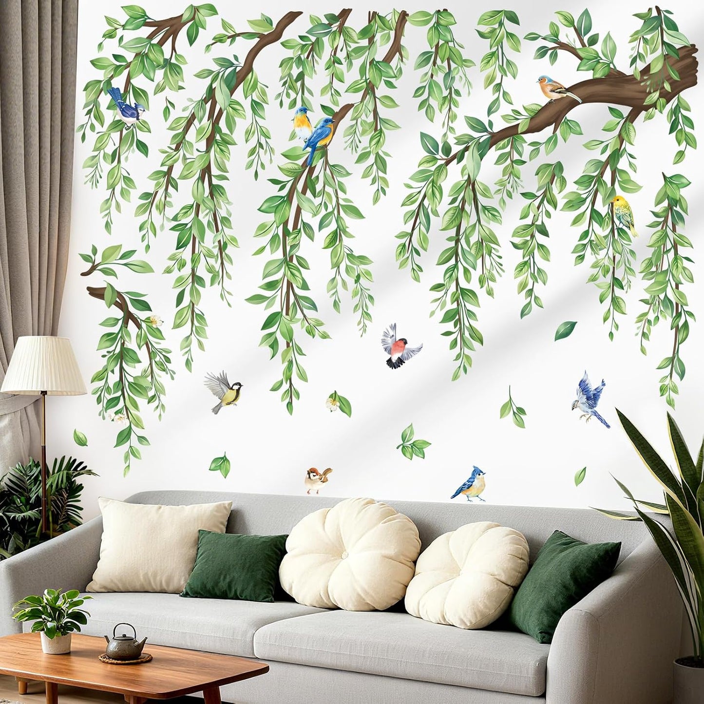 Large Tree Branch Wall Stickers Hanging Vine Leaf Peel and Stick Wall Art Decals / Green