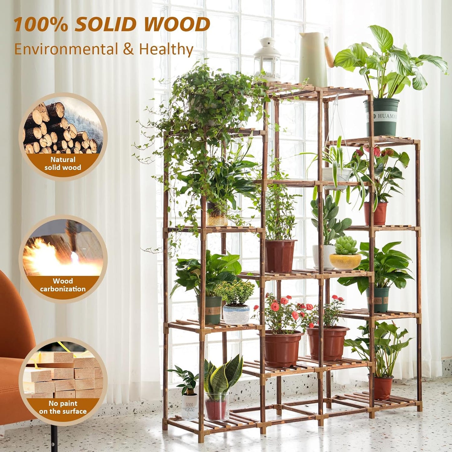 Plant Stand Indoor Outdoor, 14 Tiered Plant Shelf Wood Plant Rack | Tall Plant Holder for Multiple Plants, Large Ladder