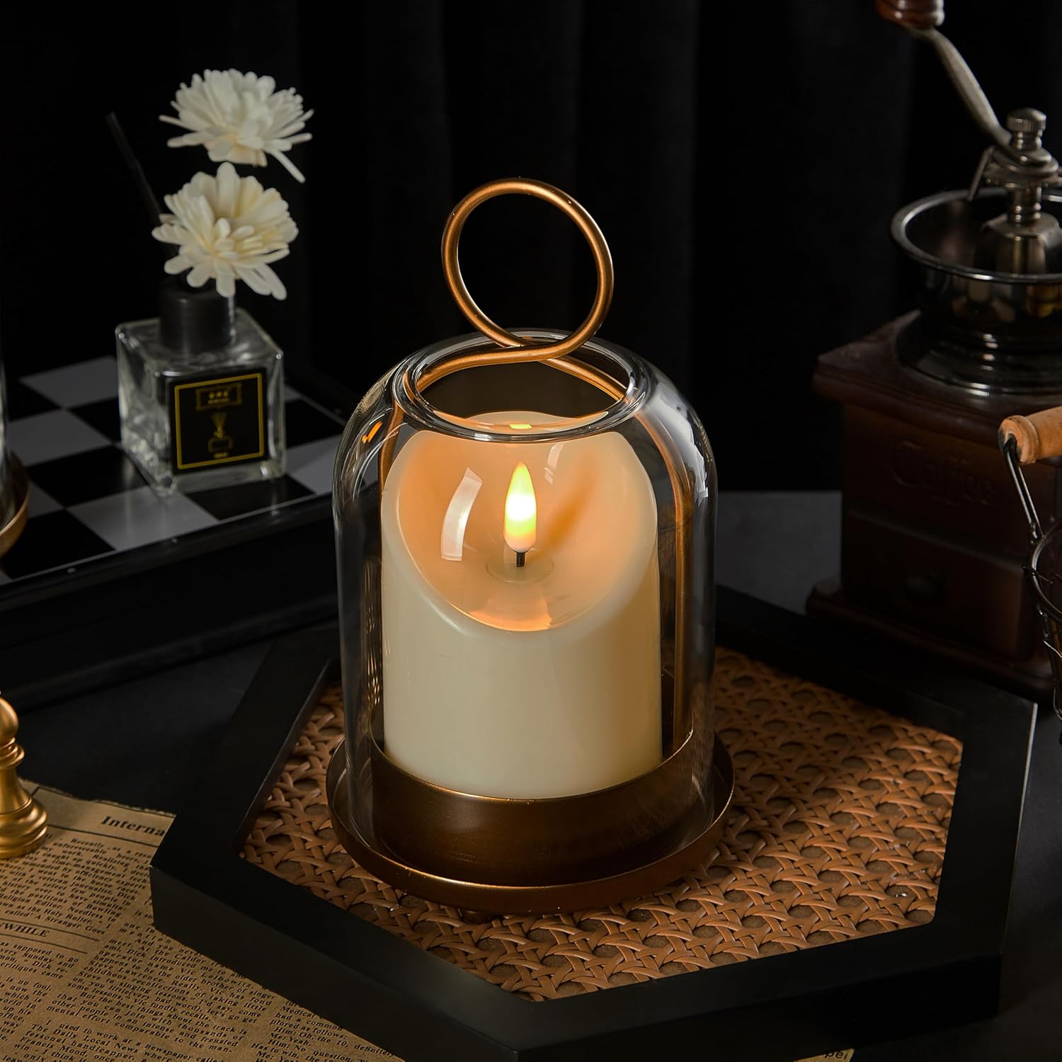 5"&4" Metal Candle Holder with Handmade Glass Dome in Brass & 2 Timer Candles, Set of 2 Versatile Hurricane Glass