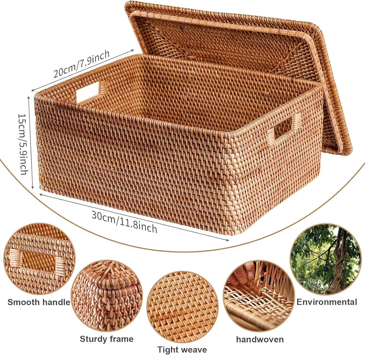 Rattan Basket / Large Lidded Basket For Storage / 11.81 x 7.87 x 5.91