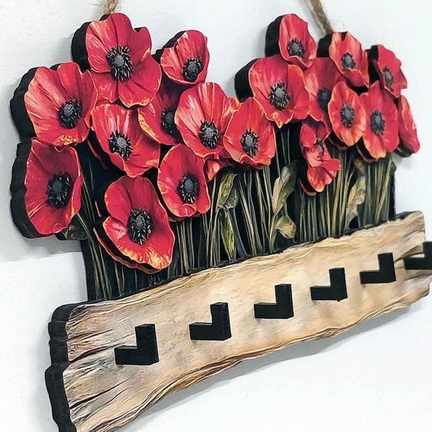 Wooden Key Holder / Rustic Poppy Flower Key Rack