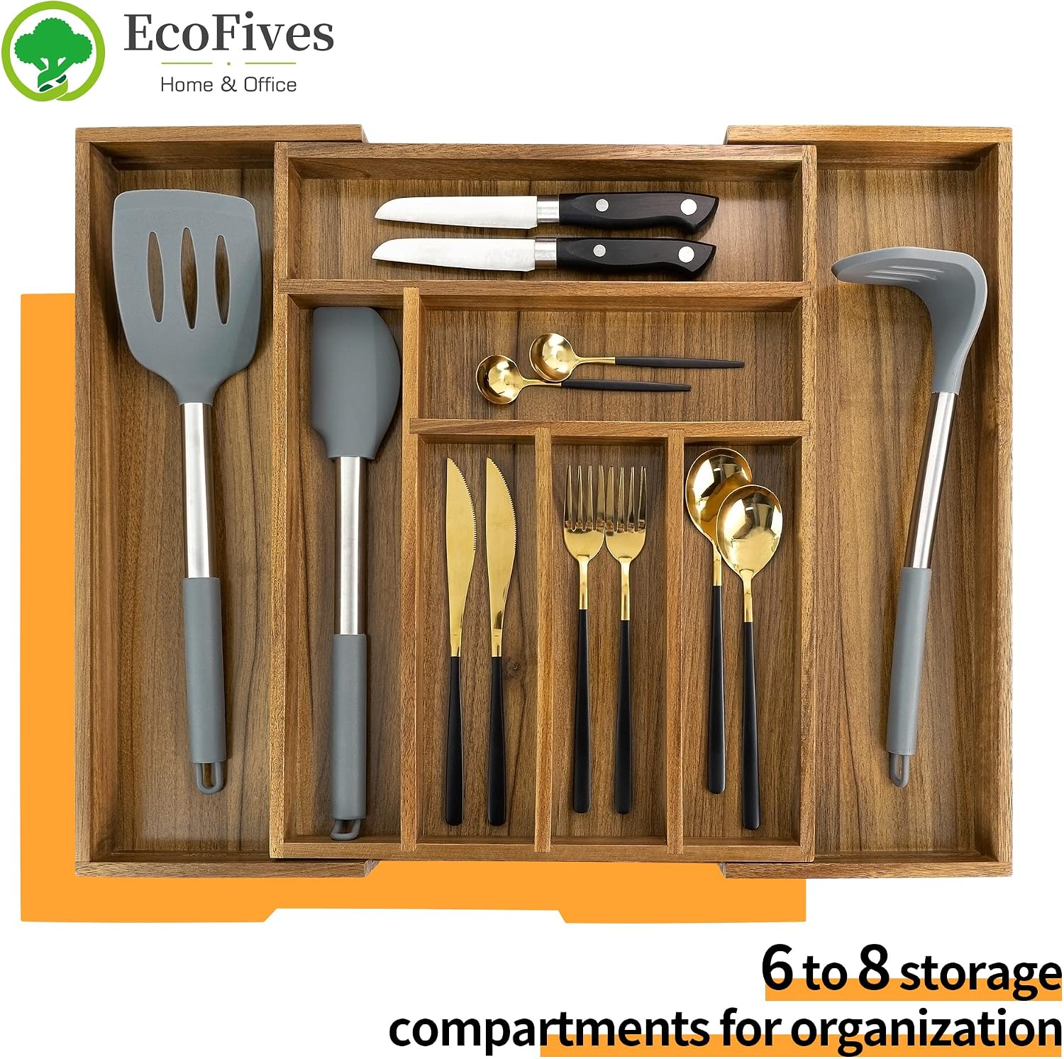 Luxury Acacia Kitchen Drawer Organizer - Silverware Organizer - Utensil Holder and Cutlery Tray with Grooved Drawer