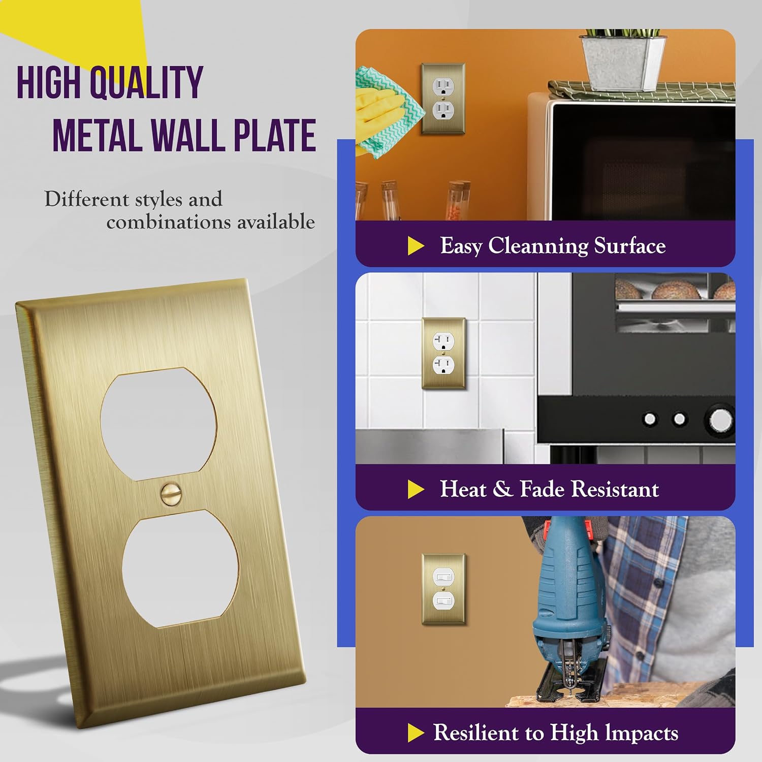 ENERLITES Duplex Receptacle Metal Wall Plate, Stainless Steel 201, Corrosion Resistant, Size 1-Gang 4.50" x 2.76"
