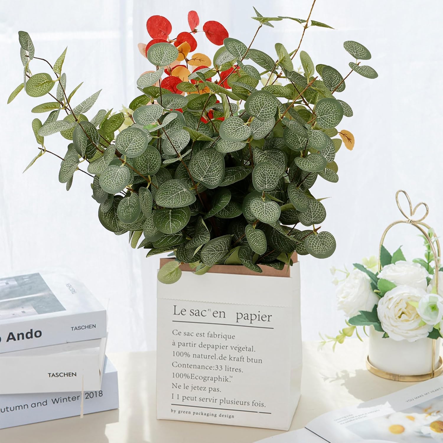 6 Bunches Artificial Eucalyptus Stems 24" Faux Eucalyptus Leaves Branches Silk Fake Foliage / Green