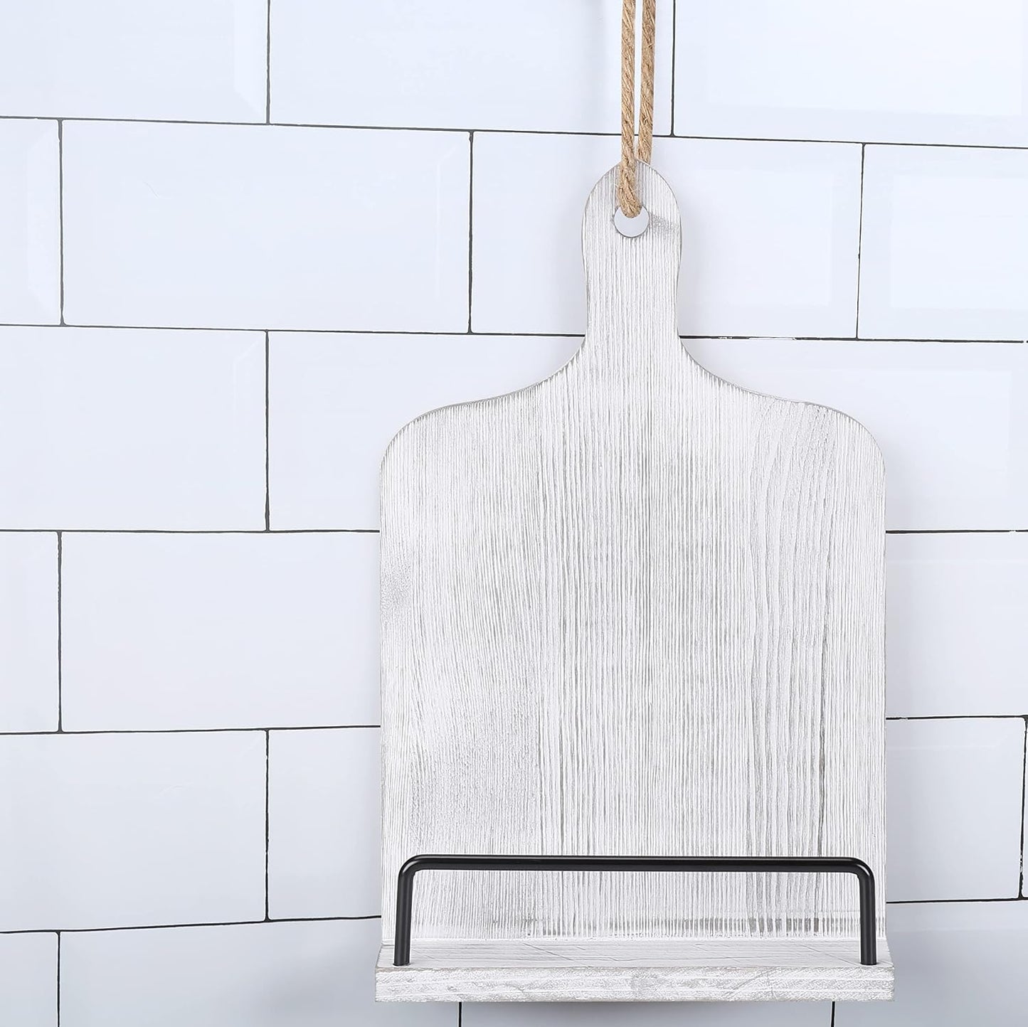 Soligt Cookbook Stand for Kitchen Counter - White | Adjustable Recipe Book Holder Rustic Wood Cutting Board Style