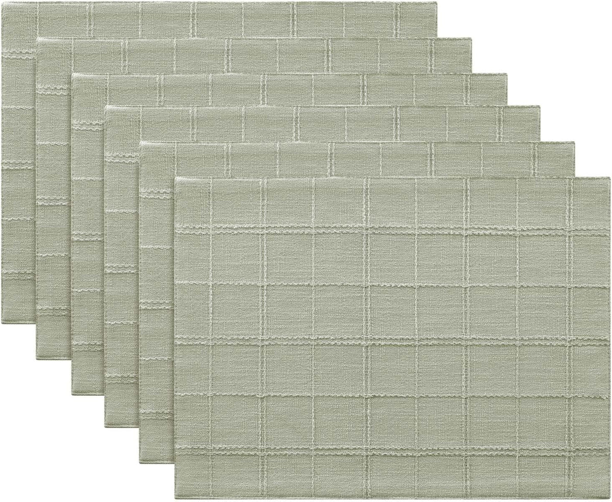 Linen Checked Farmhouse Placemats Set of 6, Seeding Green 13x19in | Double Layer, Reversible, Thick Textured Table