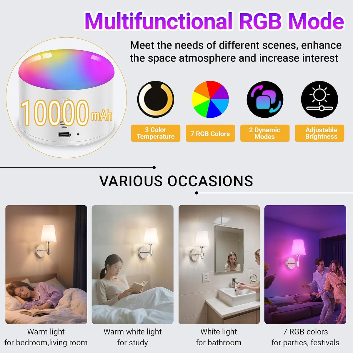 YHCDLAMP Battery Operated Wall Sconces Set of Two, Rechargeable Wireless Wall Lights with 10000mAh RGB Dimmable
