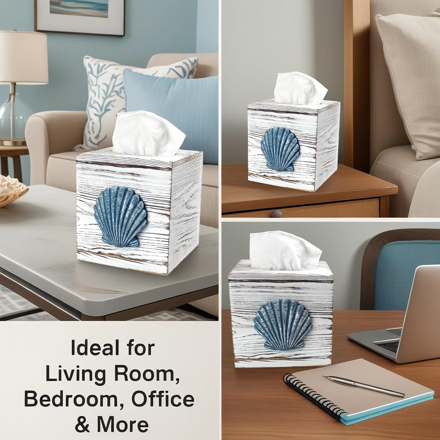 Coastal Tissue Box Cover Wooden Retro / Seashell
