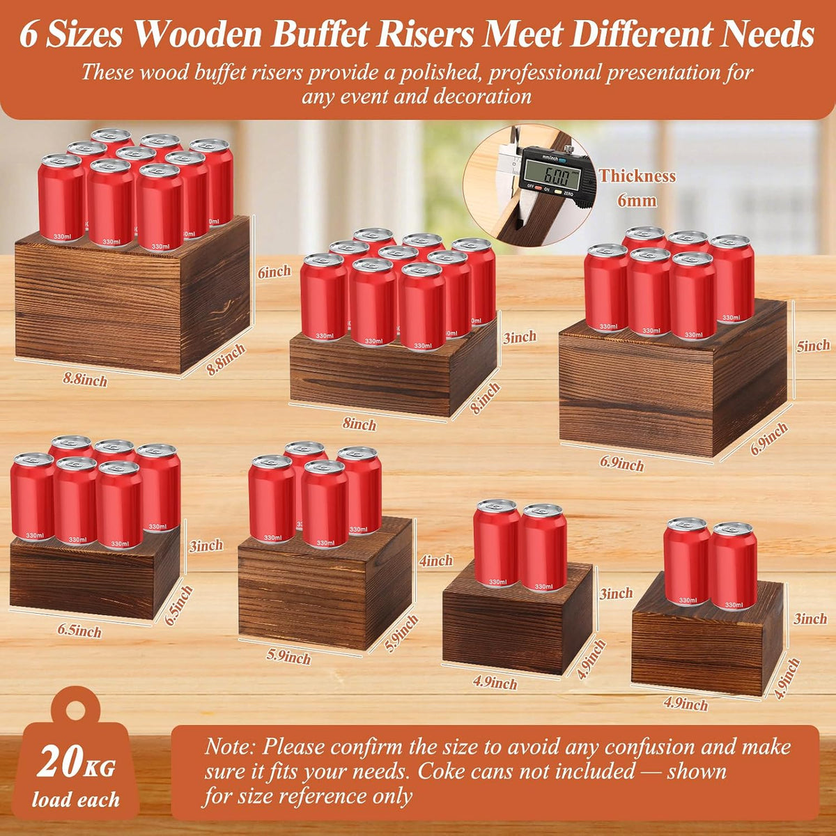 Qinzave 7 Pack Wooden Risers Display Stands with Acrylic Maker Pen and Mini Sign, Food Risers for Buffet Table Shelf