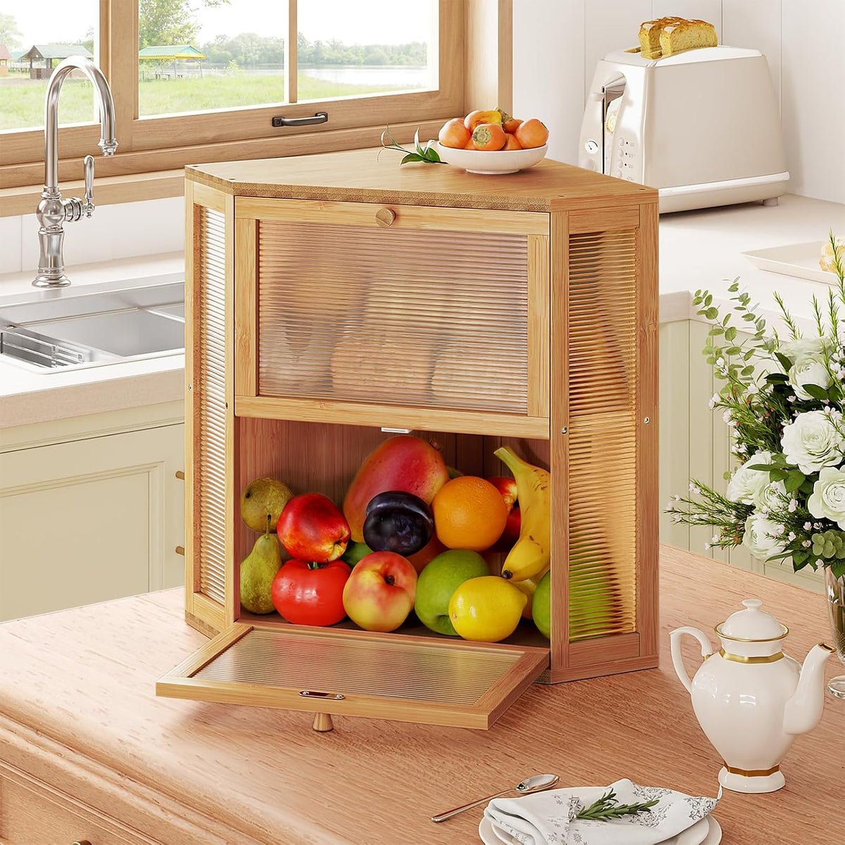 WOWLIVE Double Layer Corner Bread Box for Kitchen Countertop with 2 Doors | Bamboo Bread Storage Container, Large