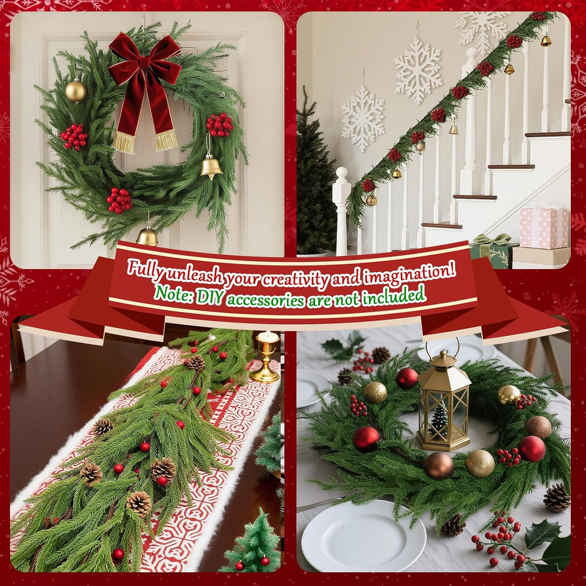 12FT Christmas Garland with Lights, 8 Flash Style with Timer for Indoor & Outdoor Christmas Decorations, Real Touch