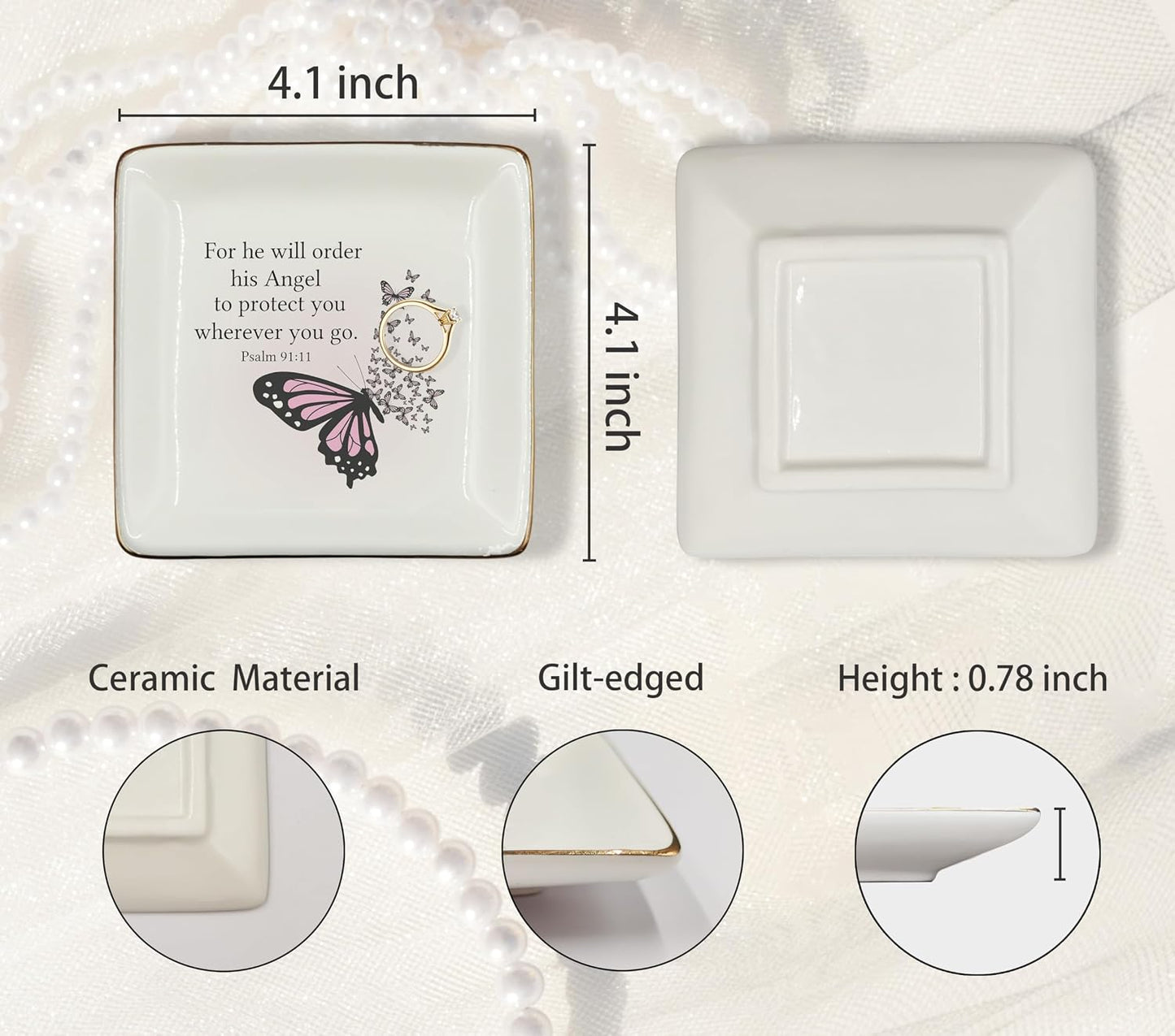 Christian Ceramic Jewelry Tray Dish / Butterfly / Pink