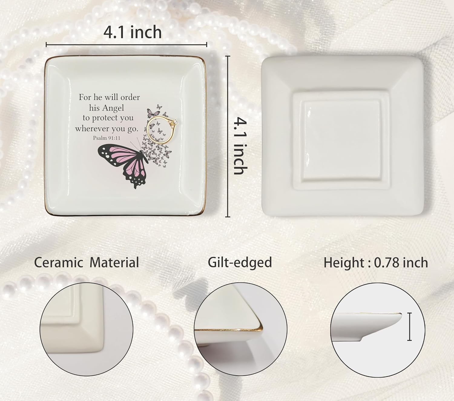 Christian Ceramic Jewelry Tray Dish / Butterfly / Pink