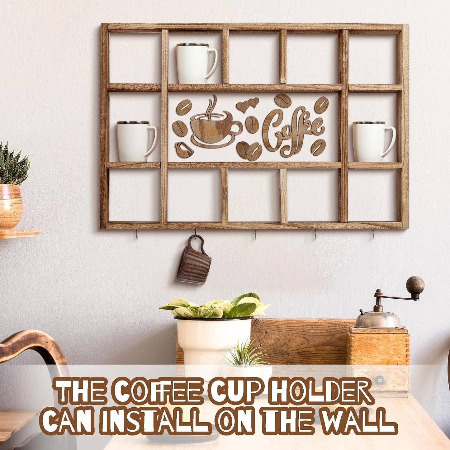 Cinnvoice Oversize Coffee Mug Display Shelf for Wall, Brown | Wood Coffee Mug Rack, Wall Mounted Shelf, Cubes Cup Hooks