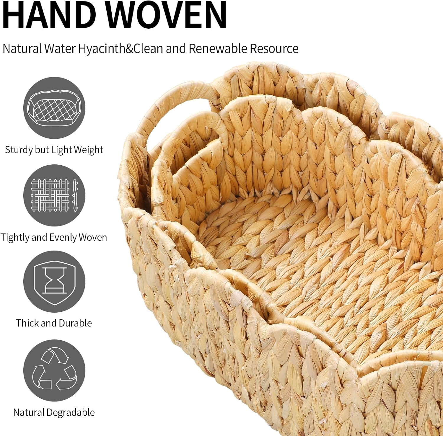Scalloped Basket / Hand-Woven Wicker Storage Baskets / Oval / Set of 2
