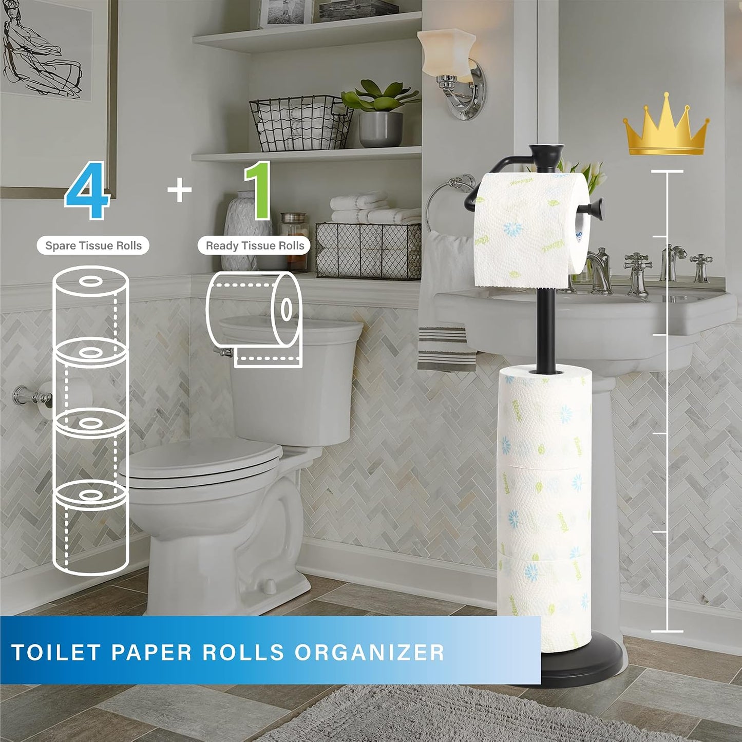 Free Standing Toilet Paper Holder Stand with Reserve, Bathroom Tissue Dispenser Storage for 5 Mega Rolls, Black Toilet