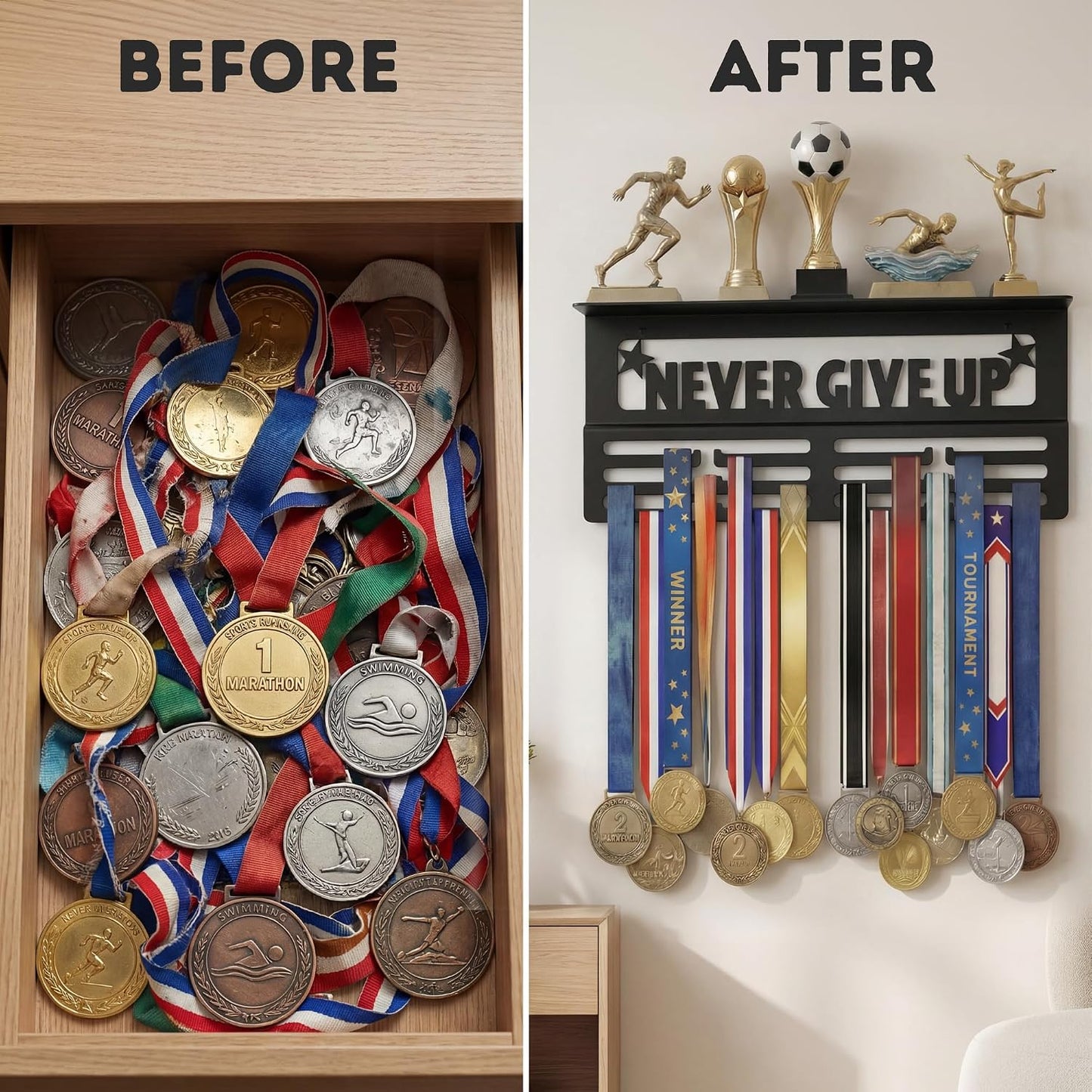 AGATHOS HOME Medal Hanger Display with Trophy Shelf - Metal Awards Rack for Walls Holds 64+ Sports Medals- Our Never