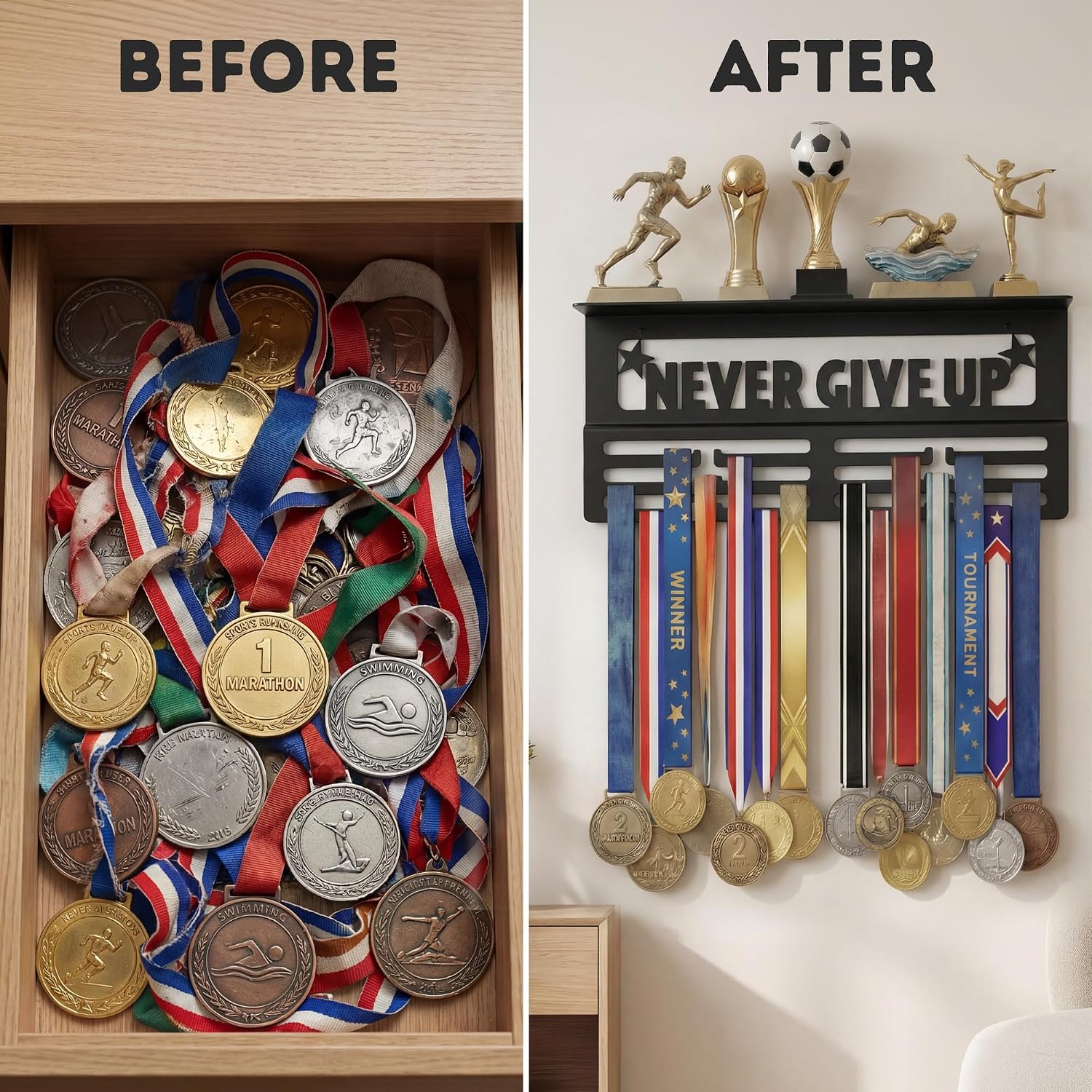 AGATHOS HOME Medal Hanger Display with Trophy Shelf - Metal Awards Rack for Walls Holds 64+ Sports Medals- Our Never