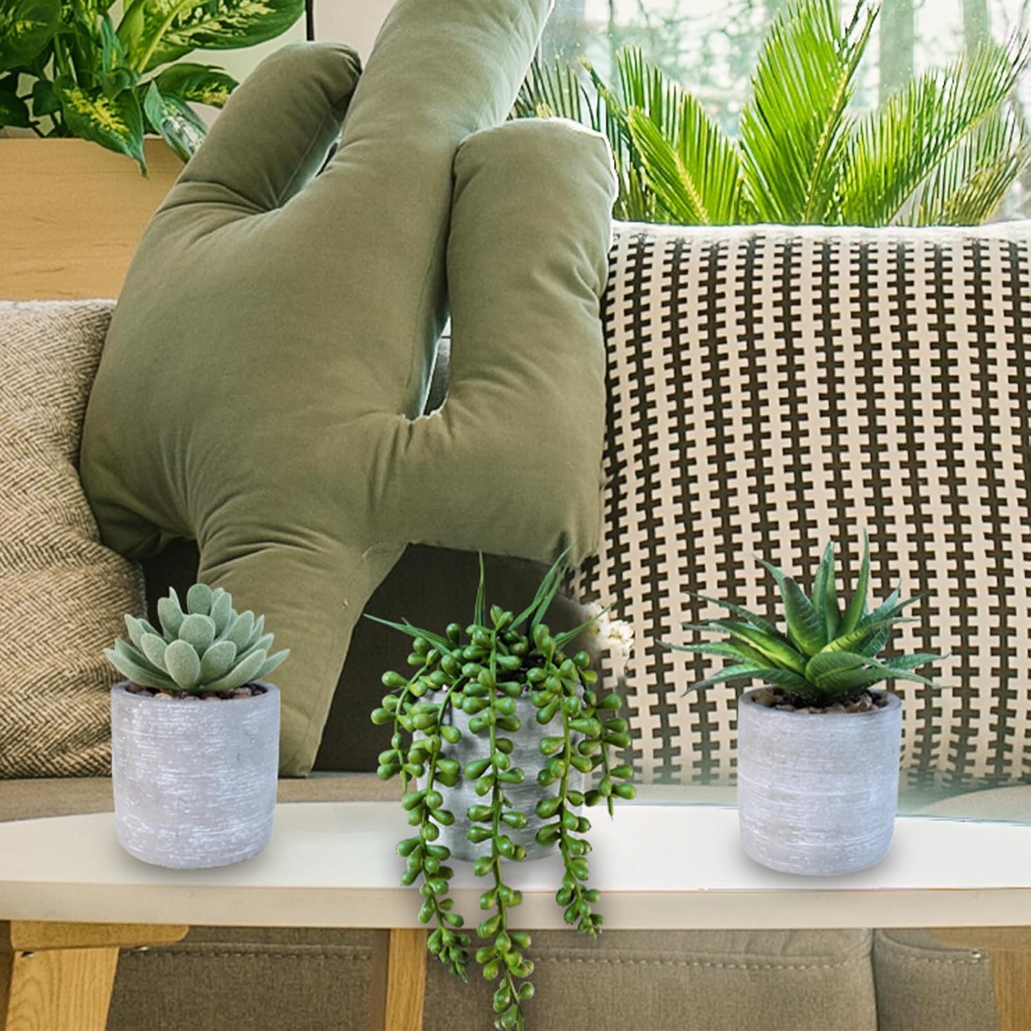 Artificial Potted Succulent Plants Faux Aloe Echeveria String of Pearls Succulents / Gray / Set of 3