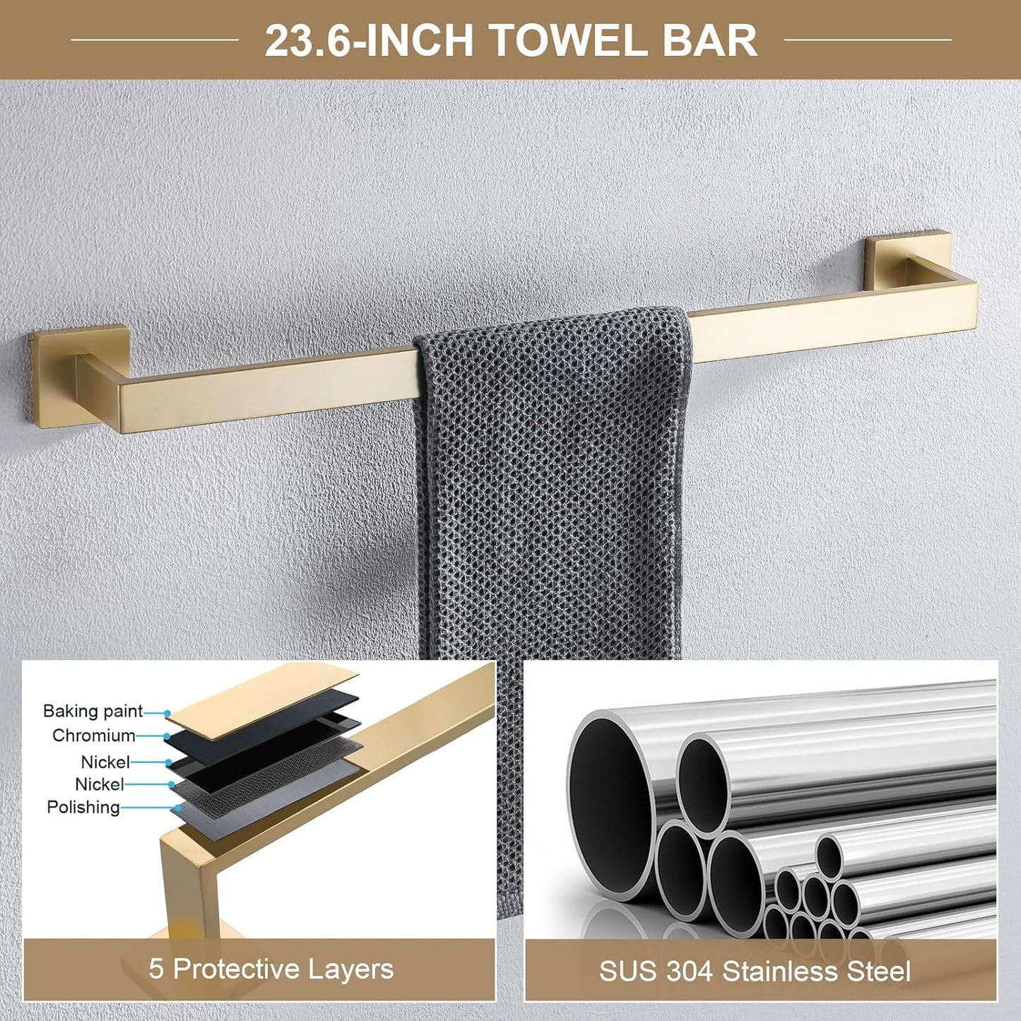 TQKAG 6-Piece Bathroom Towel Bar Sets Brushed Gold 23.6 inch Towel Bar Stainless Steel Towel Ring Coat Hook and Toilet