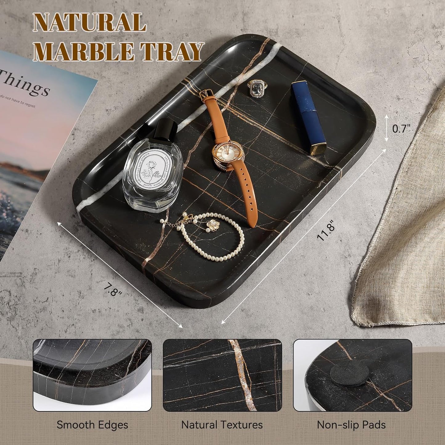 Marble Tray / Natural Marble Vanity Tray for Countertop Bathroom Kitchen Dresser / Black / 12 x 8