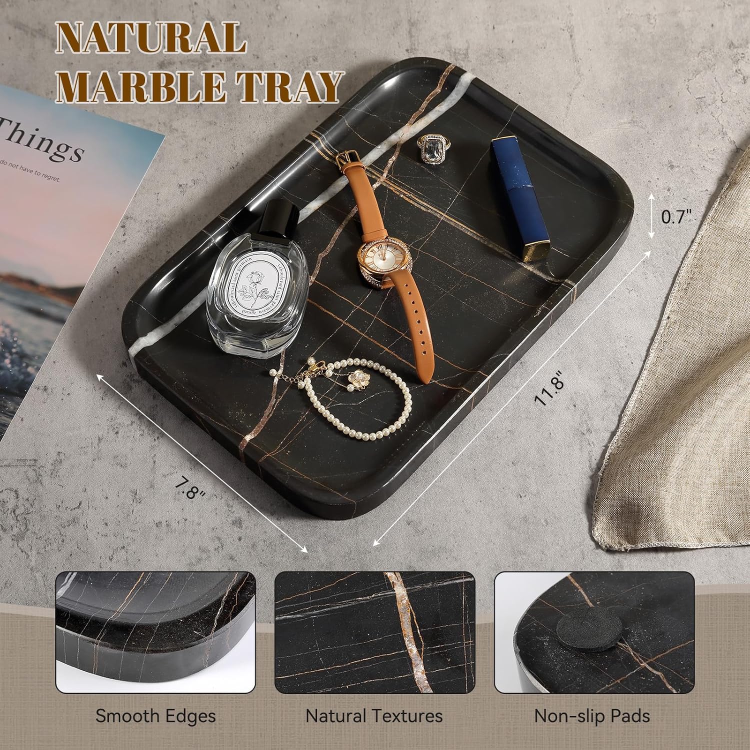 Marble Tray / Natural Marble Vanity Tray for Countertop Bathroom Kitchen Dresser / Black / 12 x 8