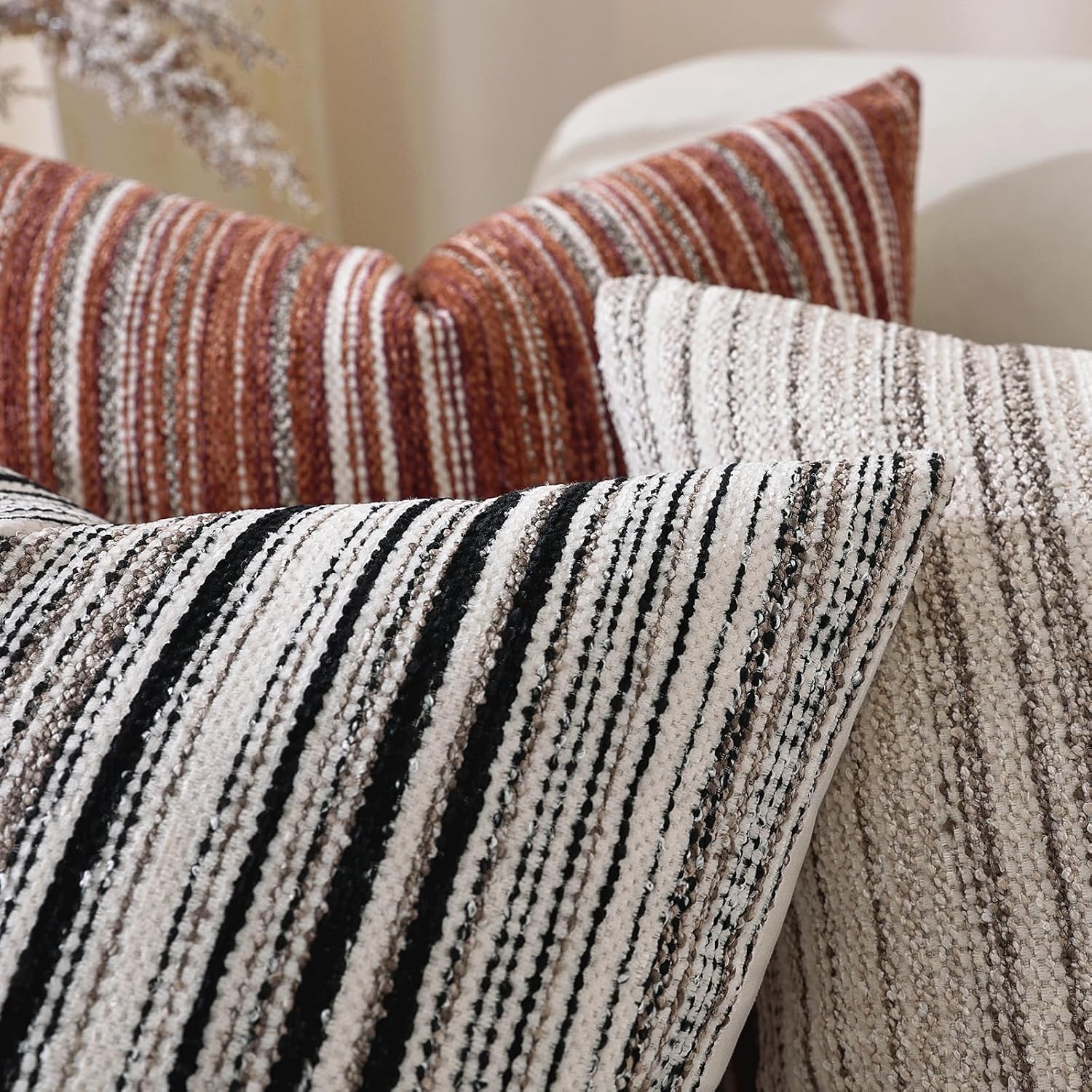 Chenille Throw Decorative Pillow Covers / Coffee Stripe / 18 x 18 / Set of 2