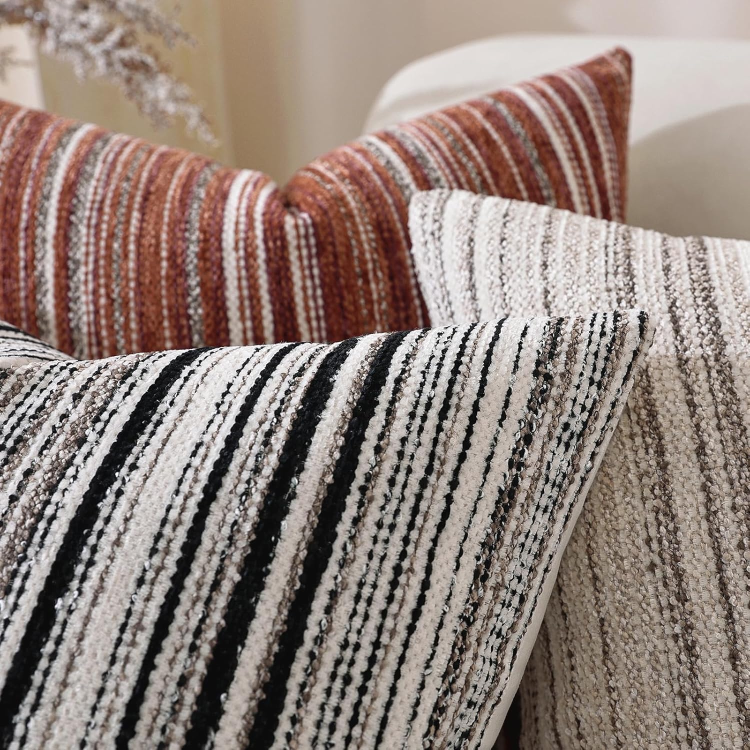 Chenille Throw Decorative Pillow Covers / Black Stripe / 18 x 18 / Set of 2